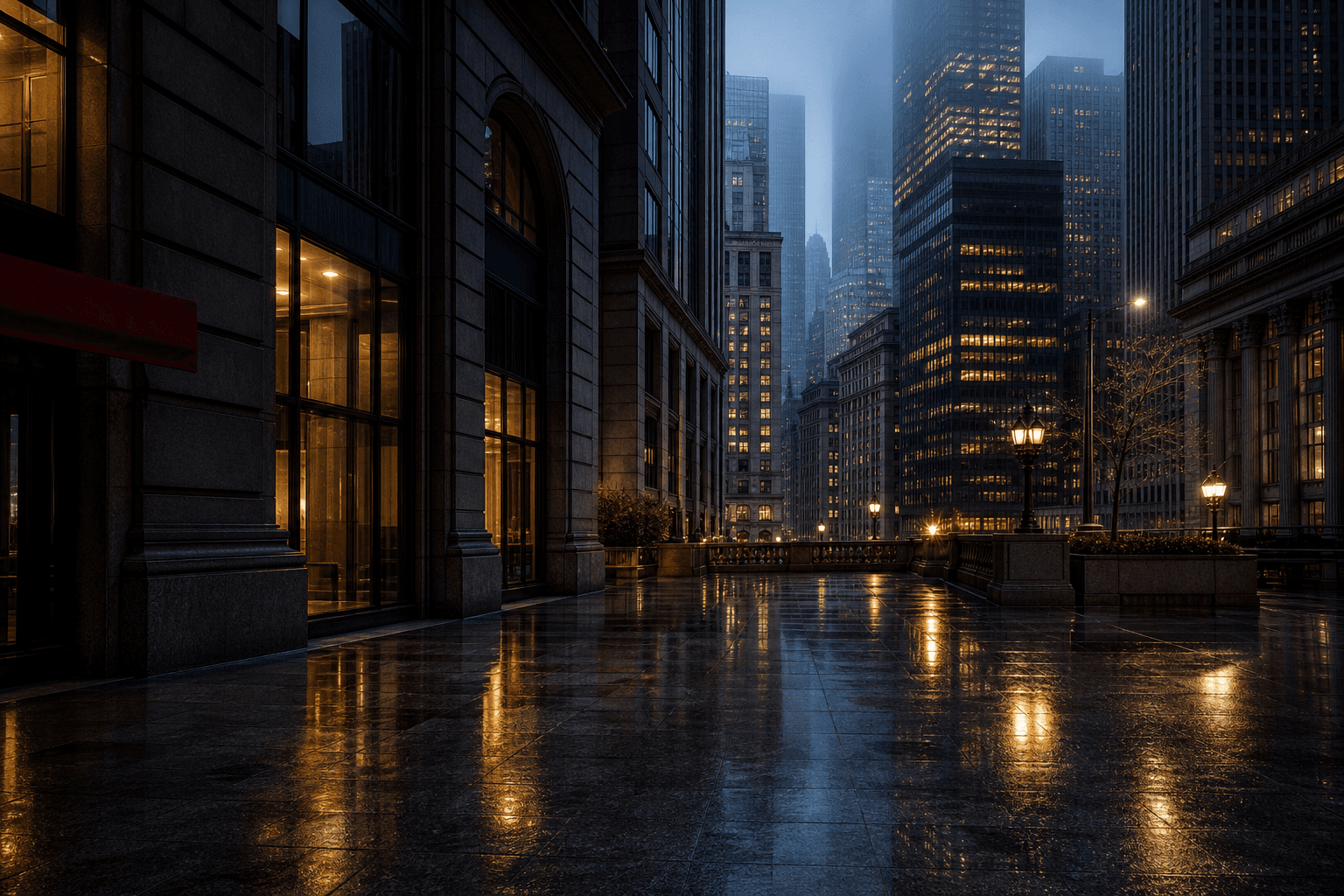Rain-slicked granite plaza and financial towers at dusk